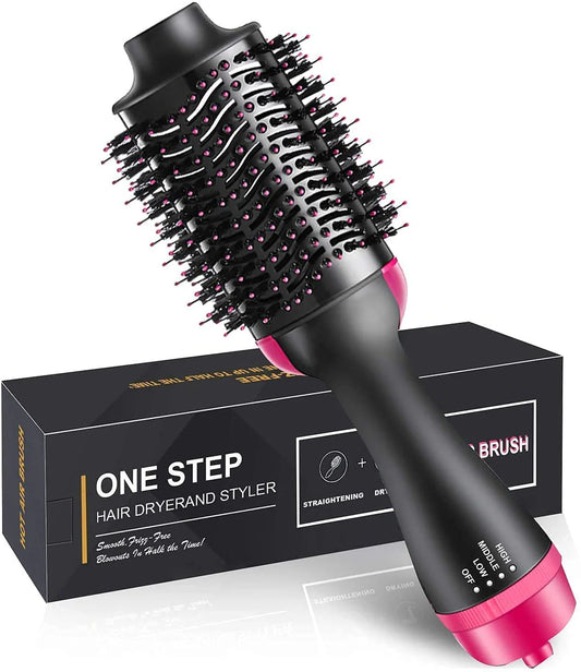 One-step hair dryer and styler with pink accents on a white background