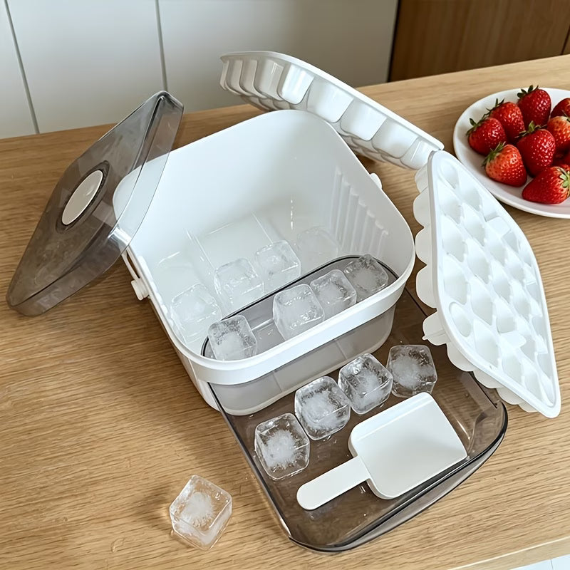 Portable Double-Layer Ice Cube Tray with Press Mold & Scoop – Space-Saving Freezer Ice Maker for Drinks