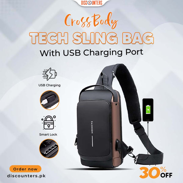 CrossBody Tech Sling Bag With USB Charging Port Discounters.pk