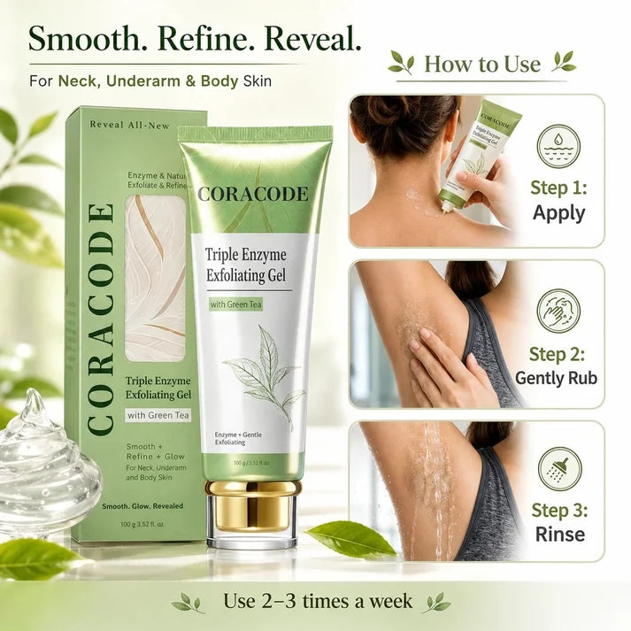 Coracode Triple Enzyme Exfoliating Gel – Buy 1 Get 1 Free – Dead Skin & Buildup Remover for Neck, Underarms, Elbows & Knees