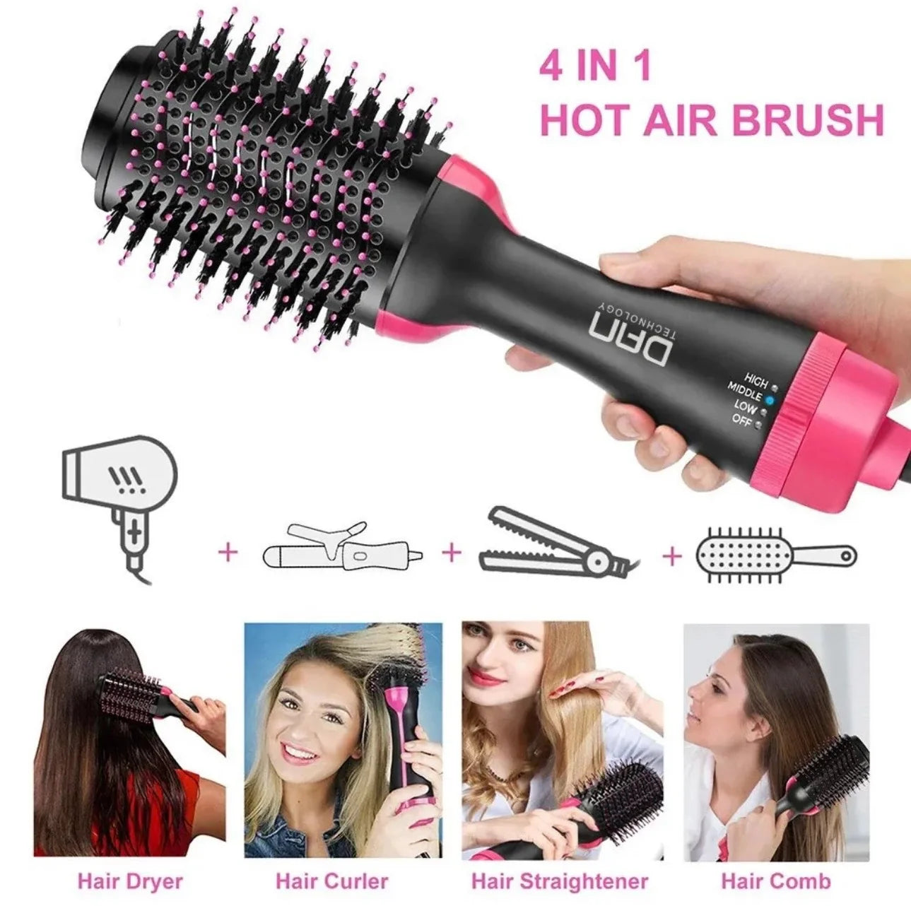 4-in-1 hot air brush with multiple uses shown on a white background