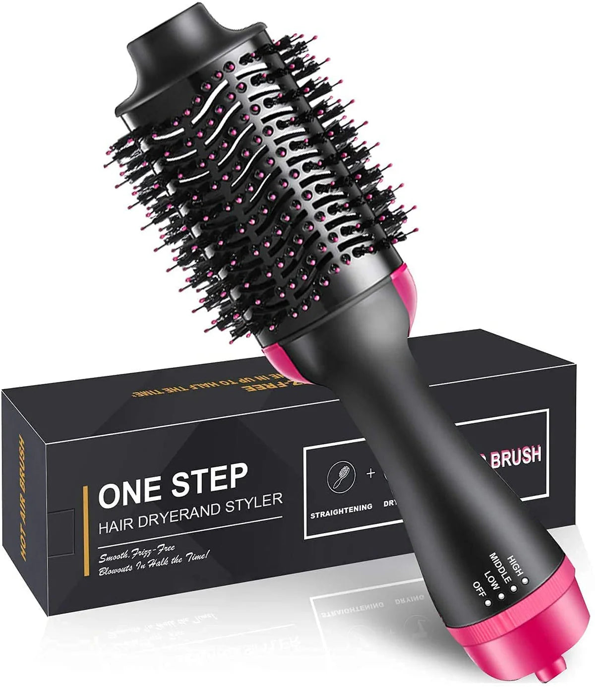 One-step hair dryer and styler with pink accents on a white background