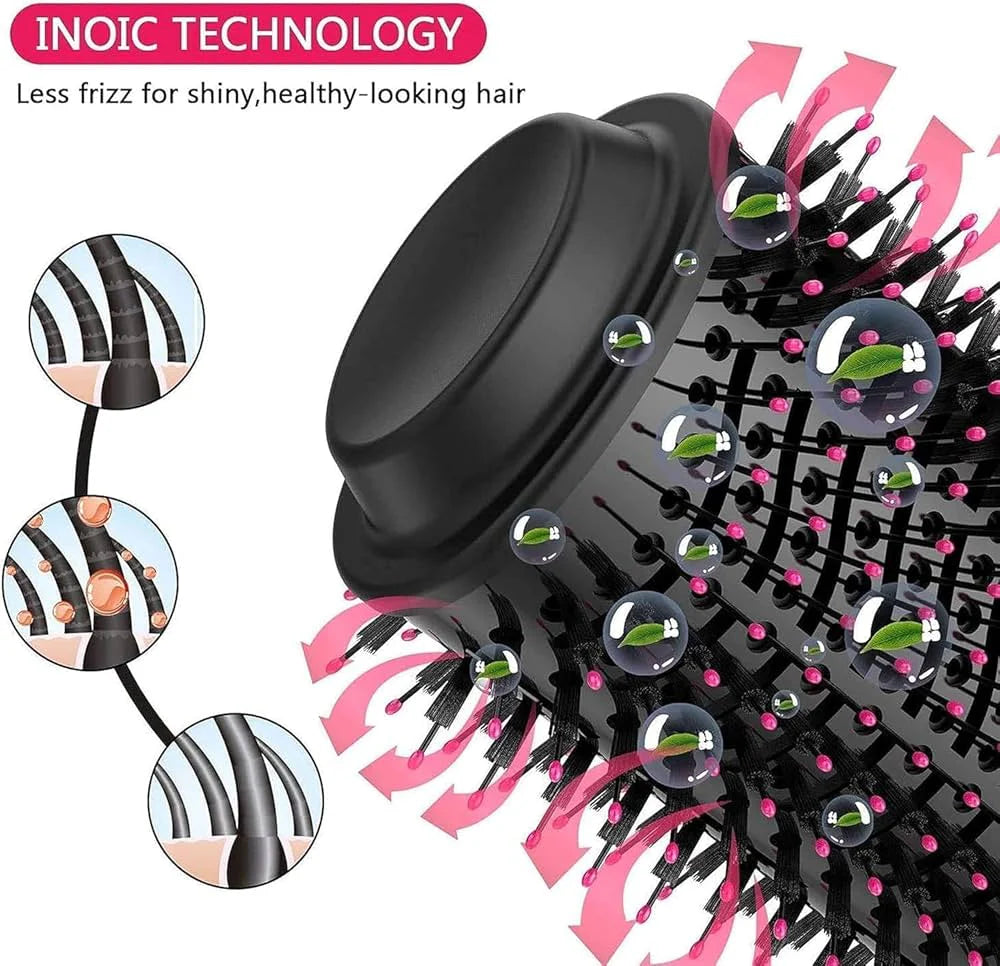 Hairbrush with INOIC TECHNOLOGY for less frizz, featuring close-up shots of hair texture improvement.