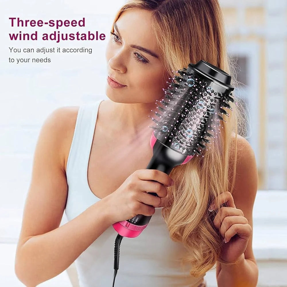 Woman using a hair styling tool with text about three-speed wind adjustment.