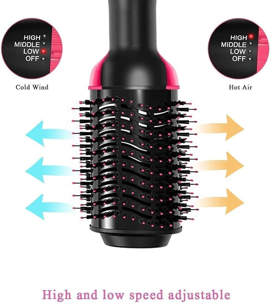 Hair styling tool with adjustable temperature and speed controls on a white background