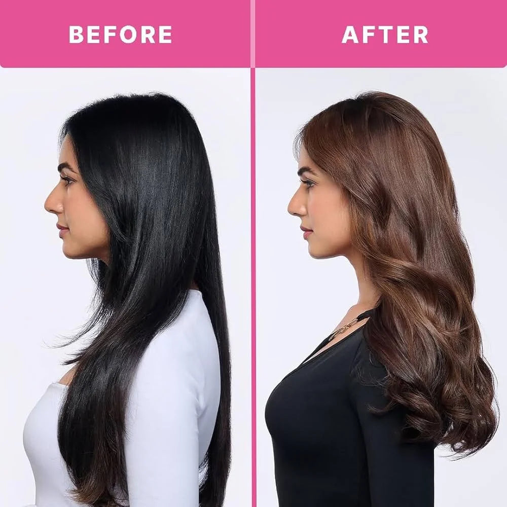 Before and after comparison of hair color transformation on a person.