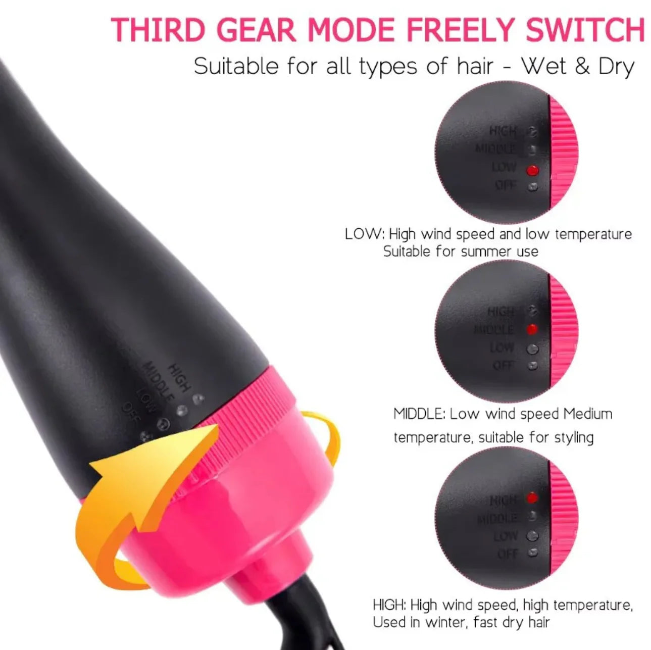 Hair dryer with third gear mode switch and temperature settings on a white background