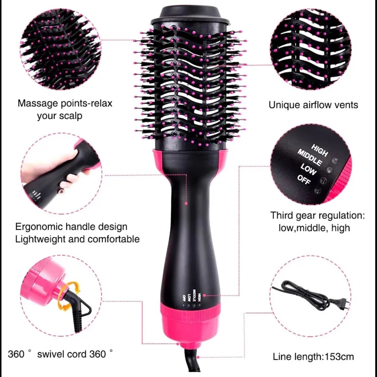 Hair styling tool with features highlighted on a white background