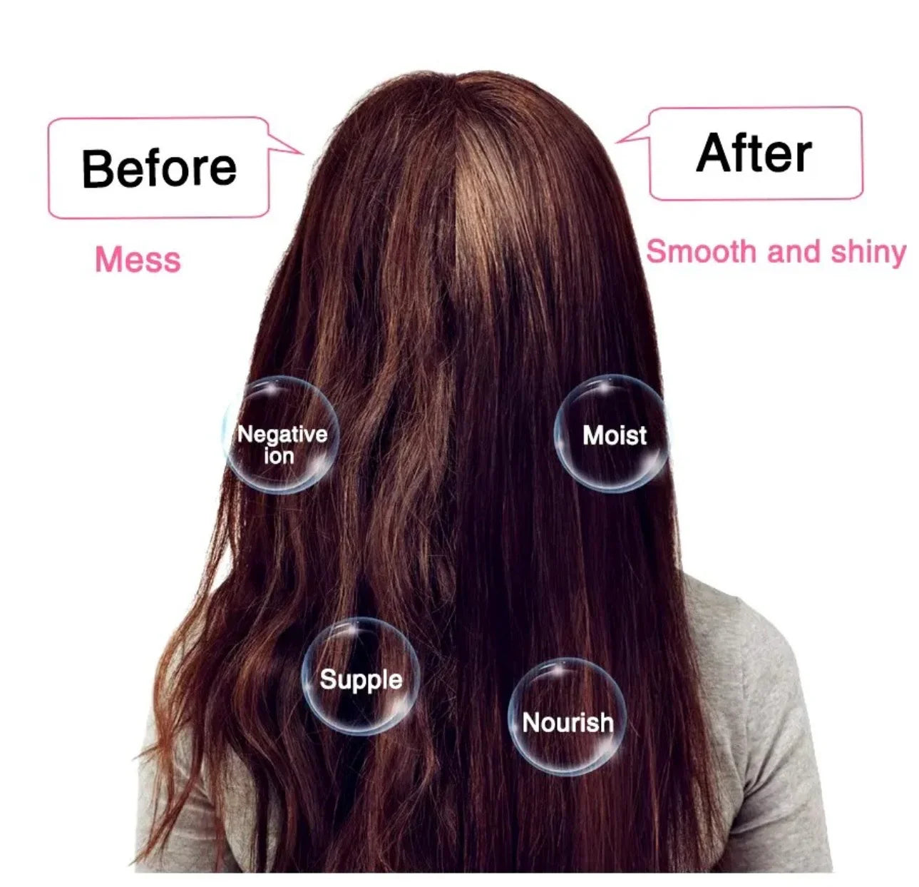 Before and after comparison of hair treatment effects on long brown hair.